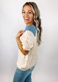 Oatmeal Grid Texture Top with Ragland Sleeve Detail