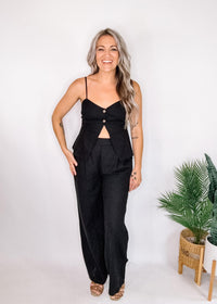 Front Button Split Hem Spaghetti Top with High Waist Pants