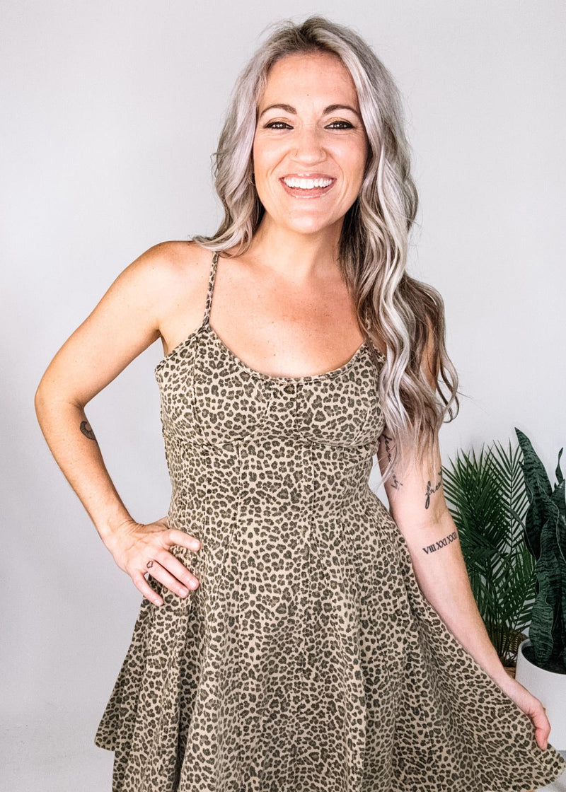 Fit and Flare Leopard Denim Mini Dress