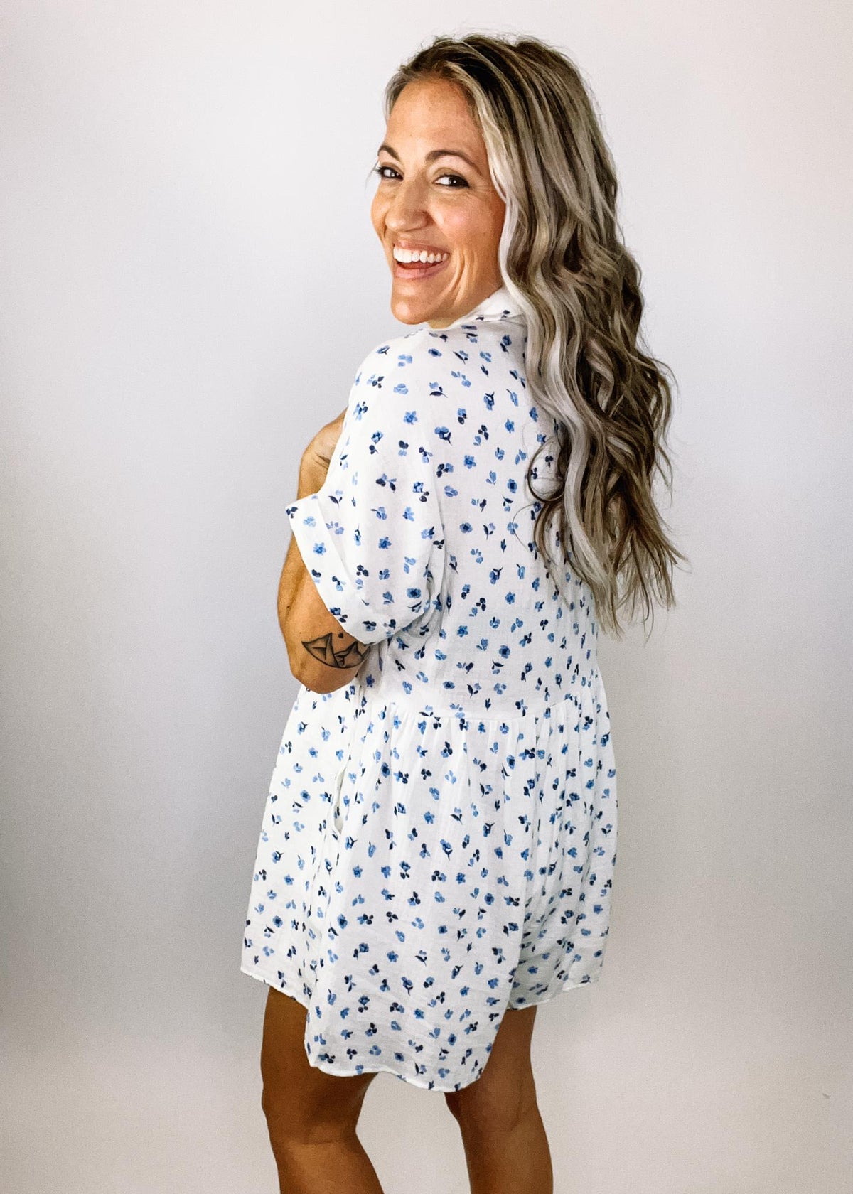 Ivory and Blue Ditsy Floral Button Down Romper