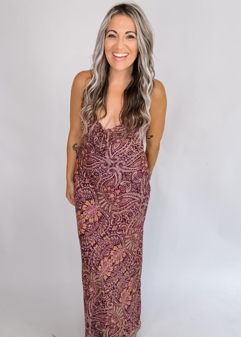 Purple Printed Open Back Chiffon Maxi