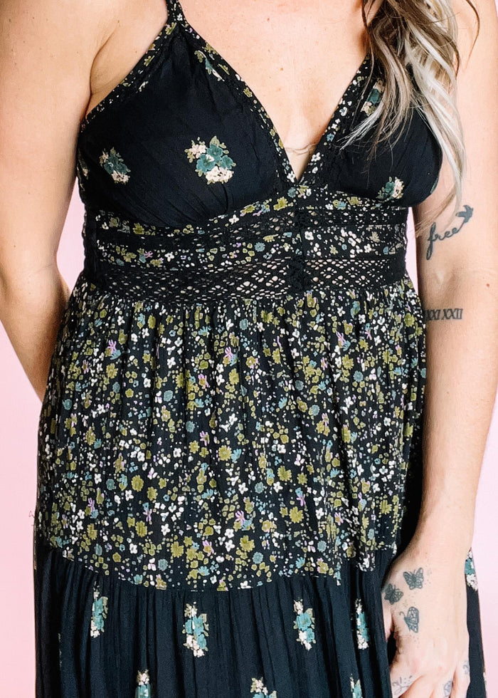 Black Mini Floral Double Strap Maxi Dress