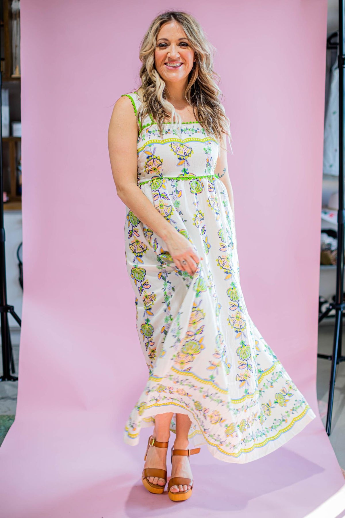 Green Printed Strappy Maxi
