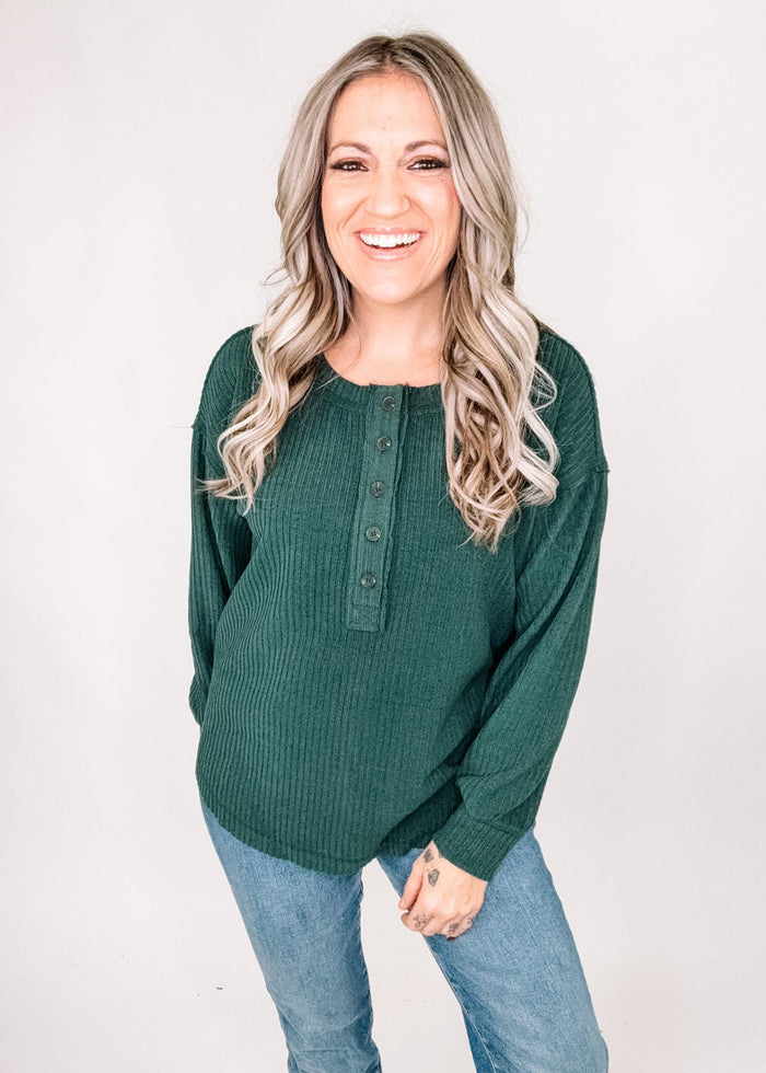Hunter Green Ribbed Henley Top