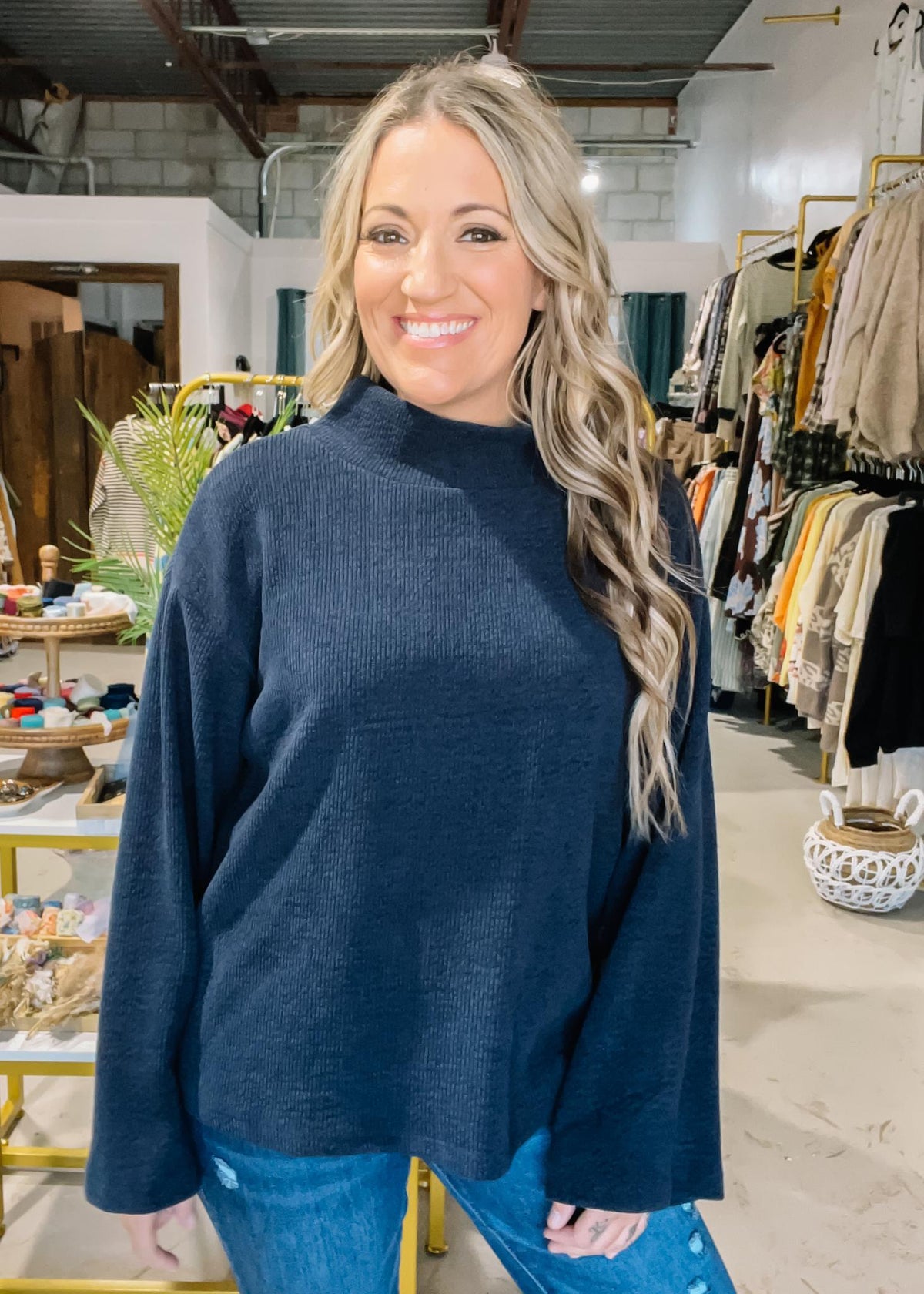 Navy Mock Neck Oversized Top