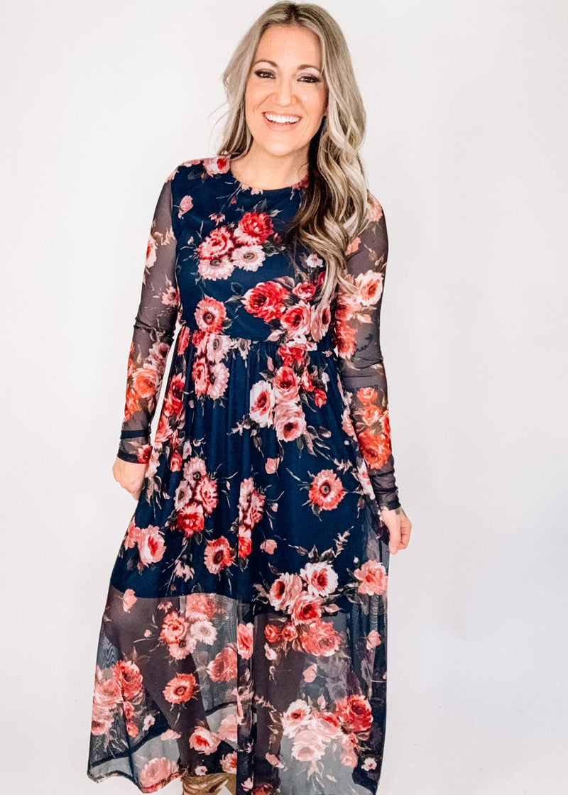 Navy Floral Mesh Long Sleeve Maxi Dress