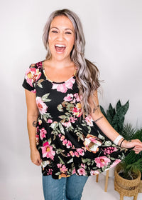 Soft Black Floral Print Babydoll Top
