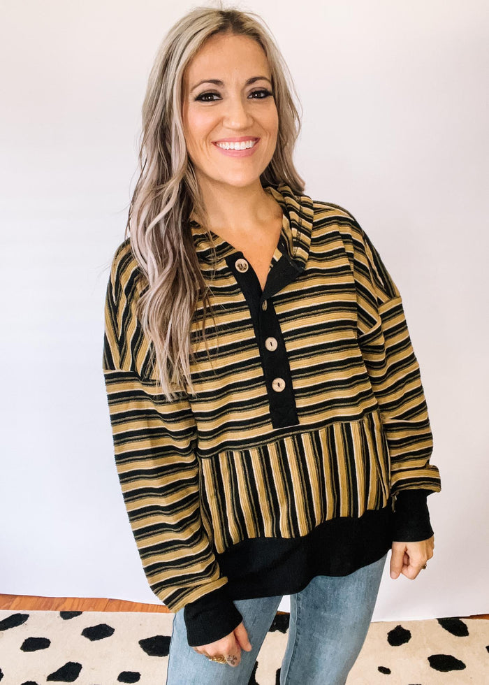 Black and Khaki Textured Stripe Hoodie