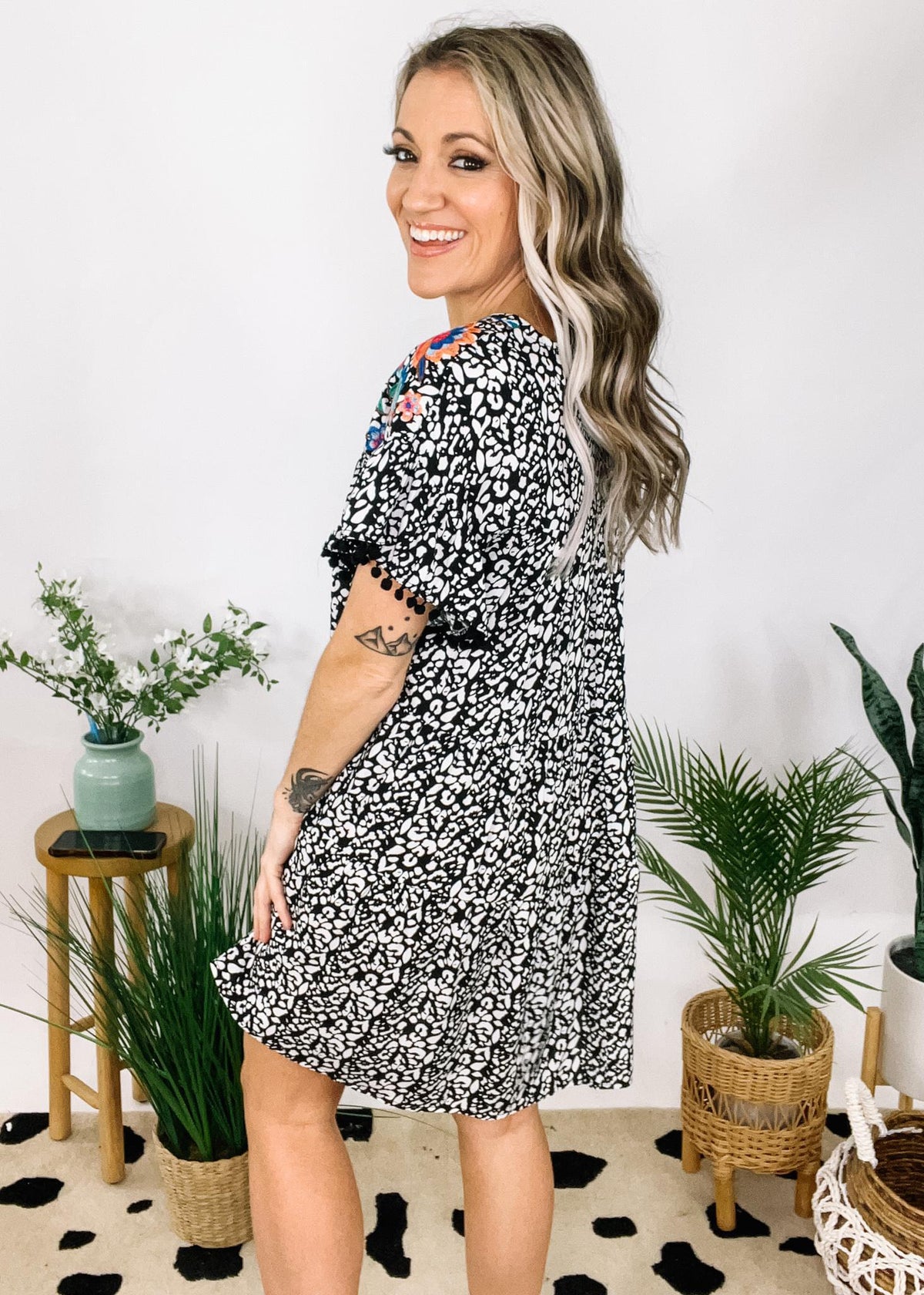 Floral Embroidered Leopard Print Dress Floral Embroidered Leopard Print Dress