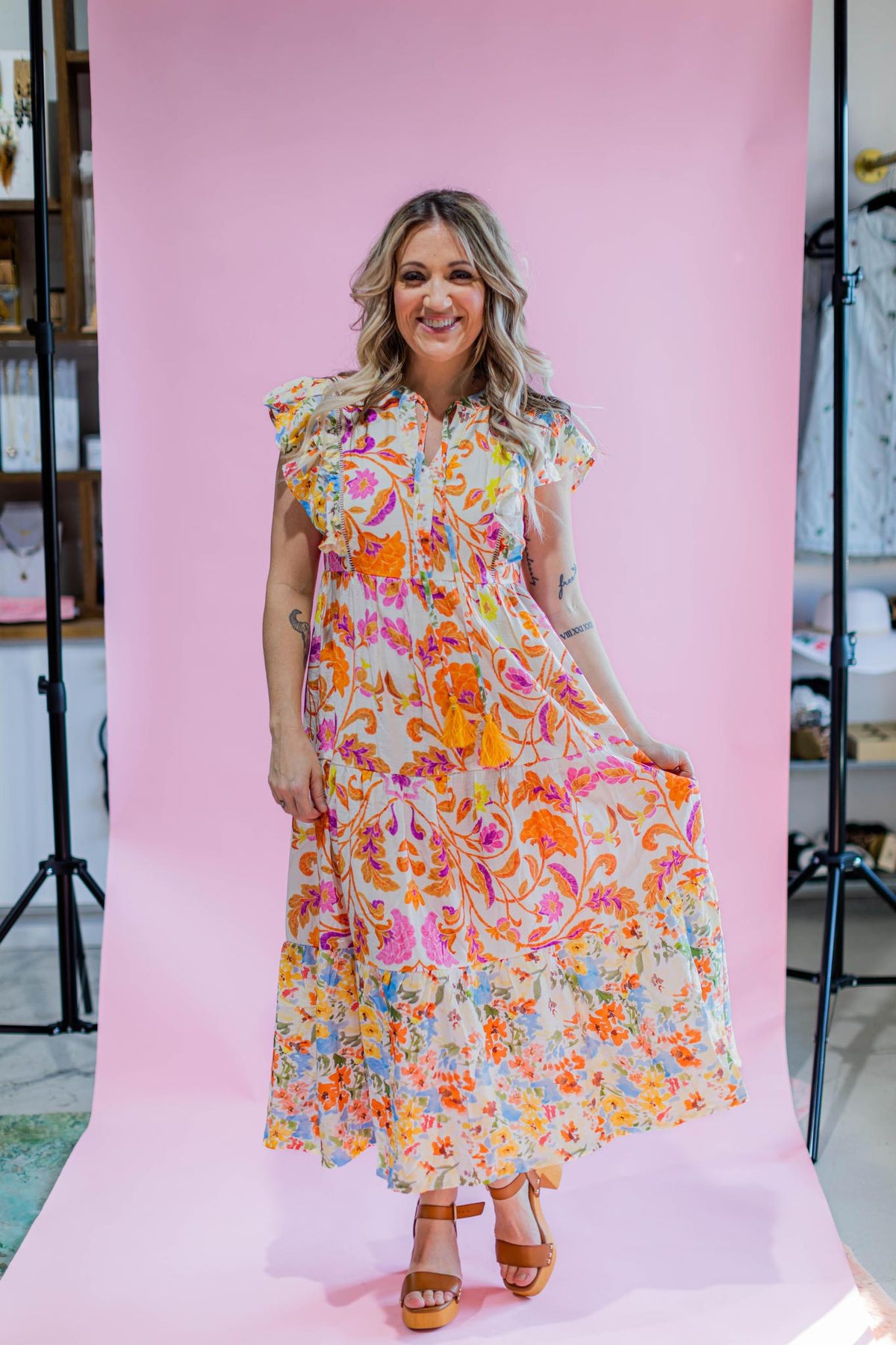 Orange and Pink Printed Midi Dress