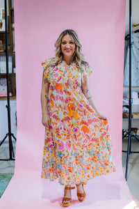 Orange and Pink Printed Midi Dress