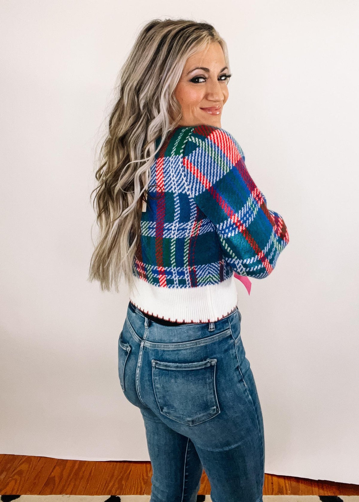 Plaid Holiday Sweater with Velvet Bows