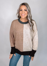 Taupe Color Block Front Seam Sweater