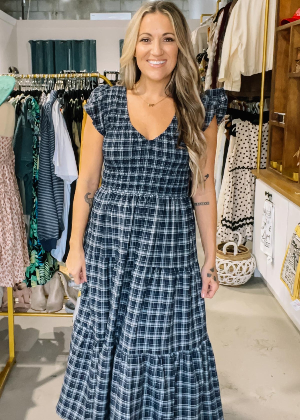 Navy Plaid Midi Dress