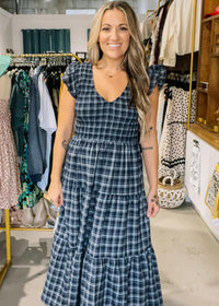 Navy Plaid Midi Dress