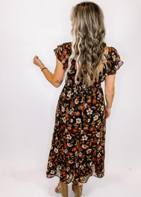 Amber and Black Lace Back Fall Floral Midi