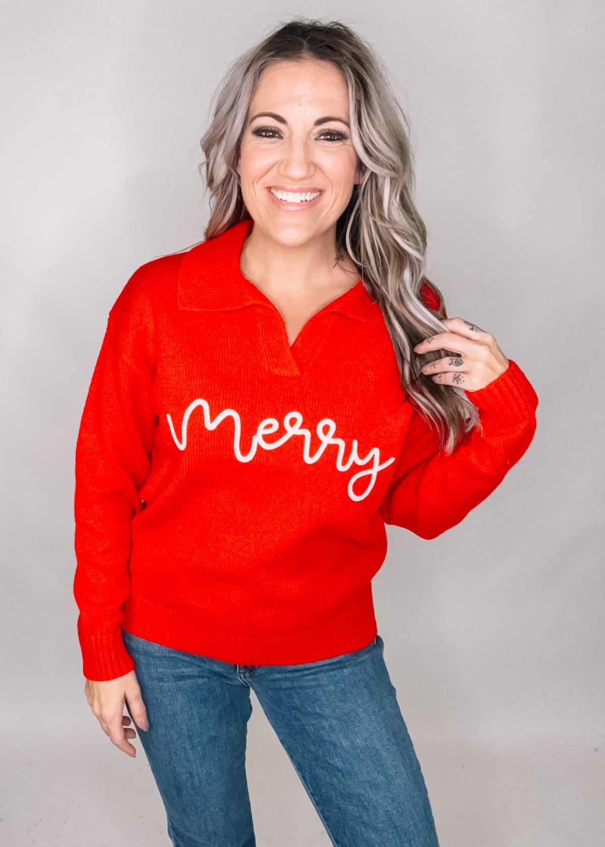 Red Merry Collar Knit Sweater