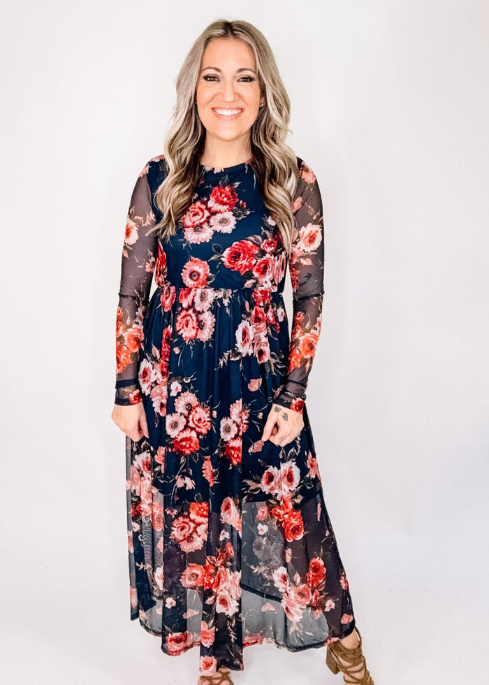 Navy Floral Mesh Long Sleeve Maxi Dress