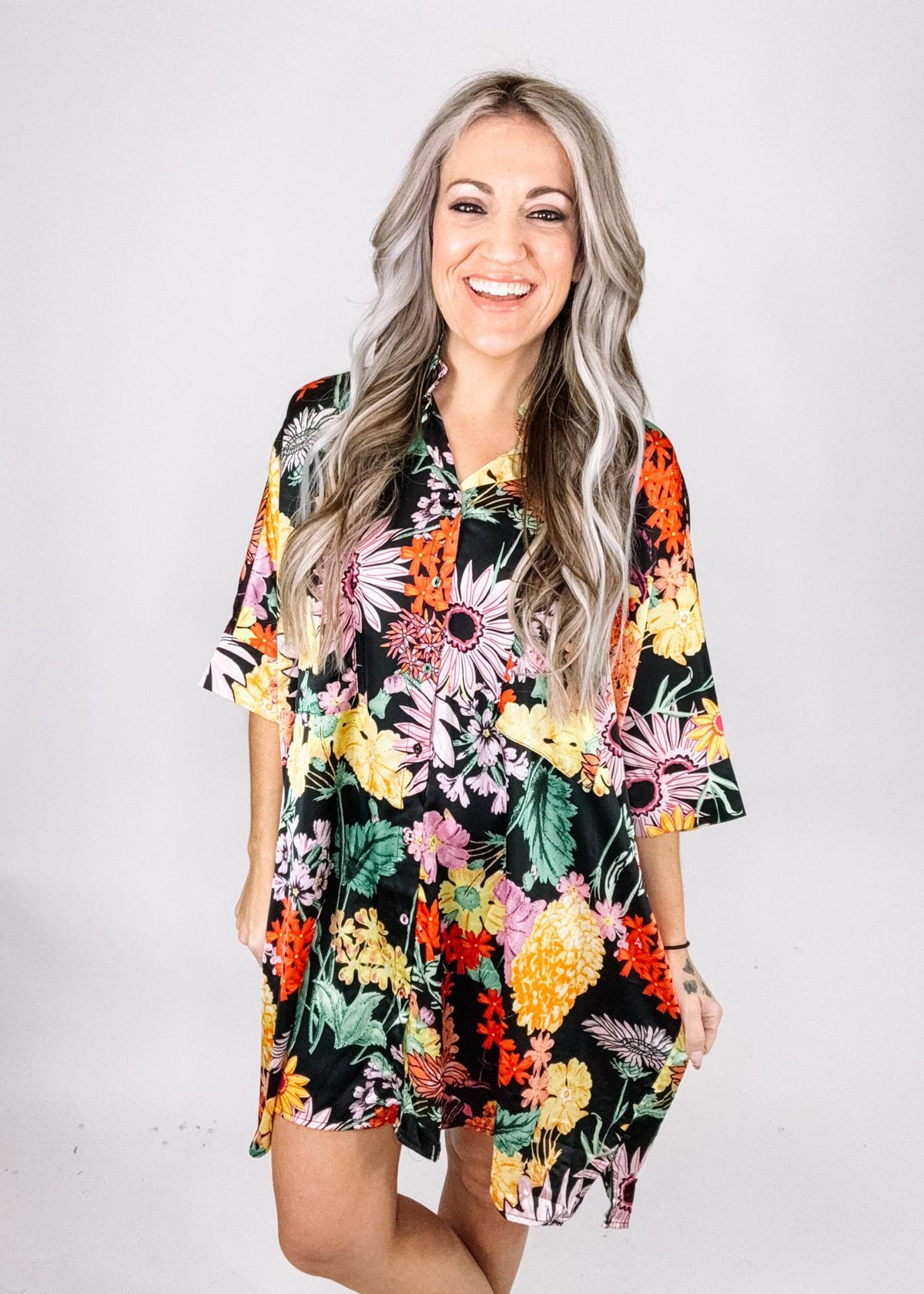 Black Satin Floral Button Down Dress