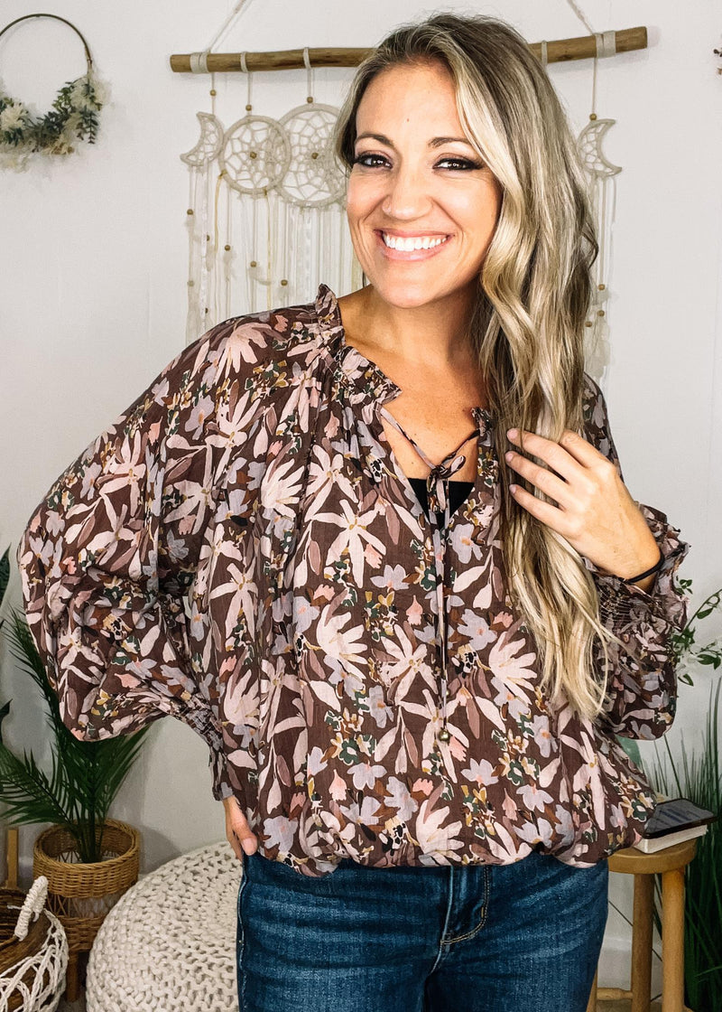 Chocolate Floral Tie Front Blouse