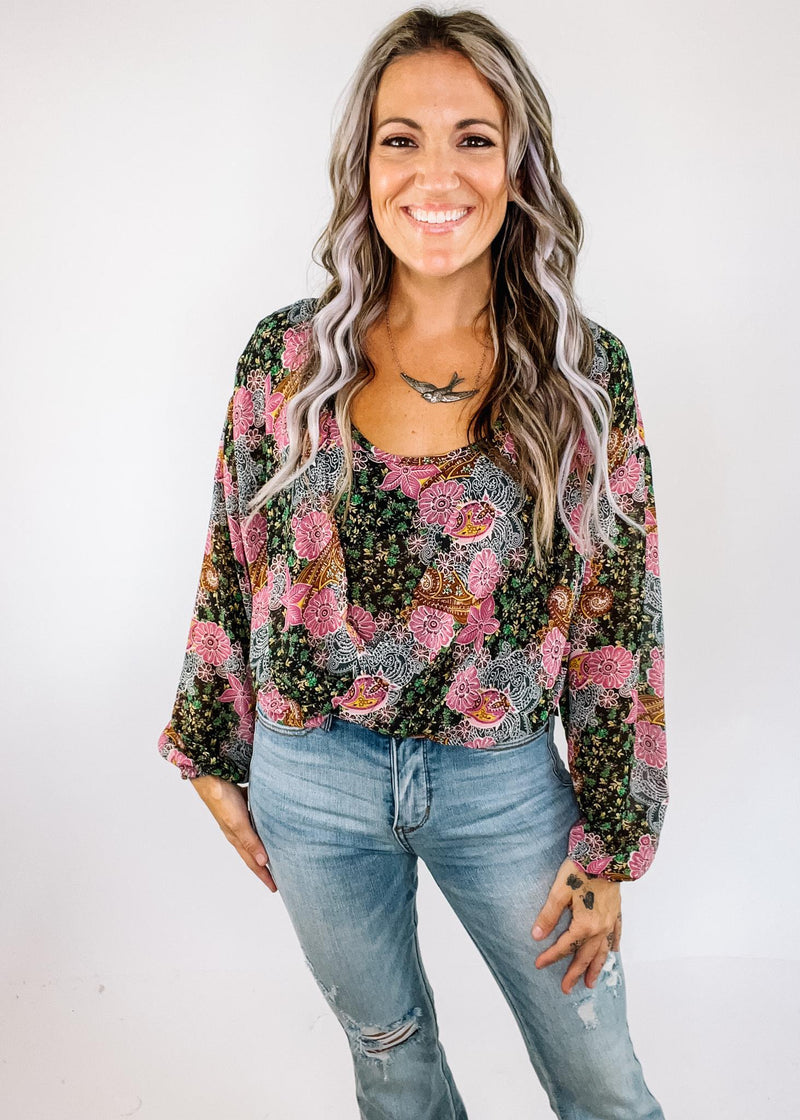 Black Orchid Print Scoop Blouse