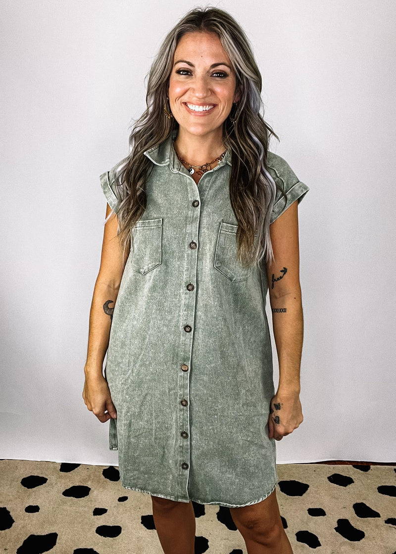 Olive Folded Cuff Button Down Denim Dress