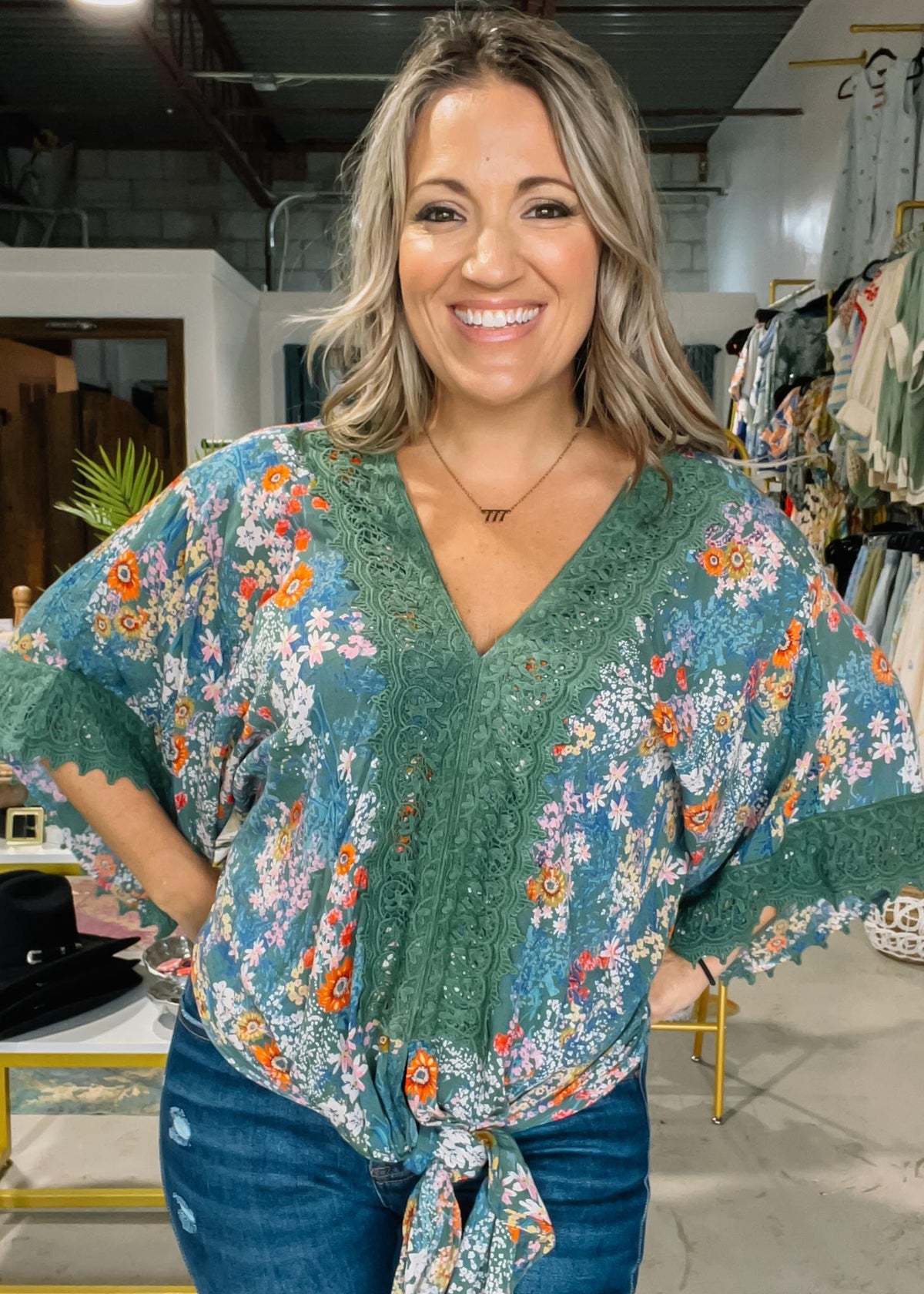 Petite Print Tie Front Top with Lace Trim