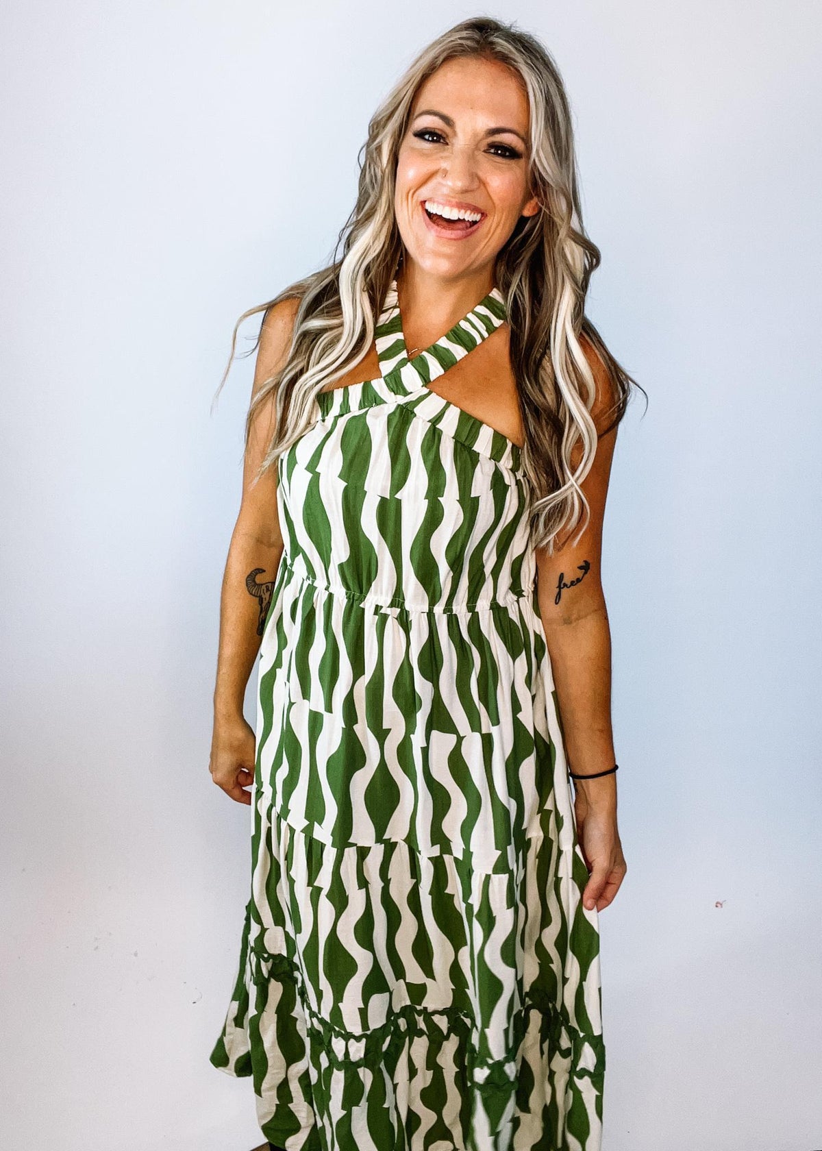 Olive Printed Midi Halter Dress Olive Printed Midi Halter Dress