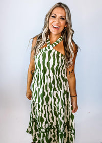 Olive Printed Midi Halter Dress