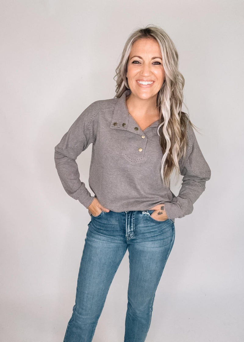 Brown Micro Stripe Pullover with Buttons