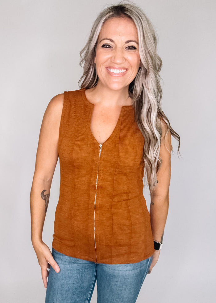 Textured Ribbed Sleeveless Top with Zipper