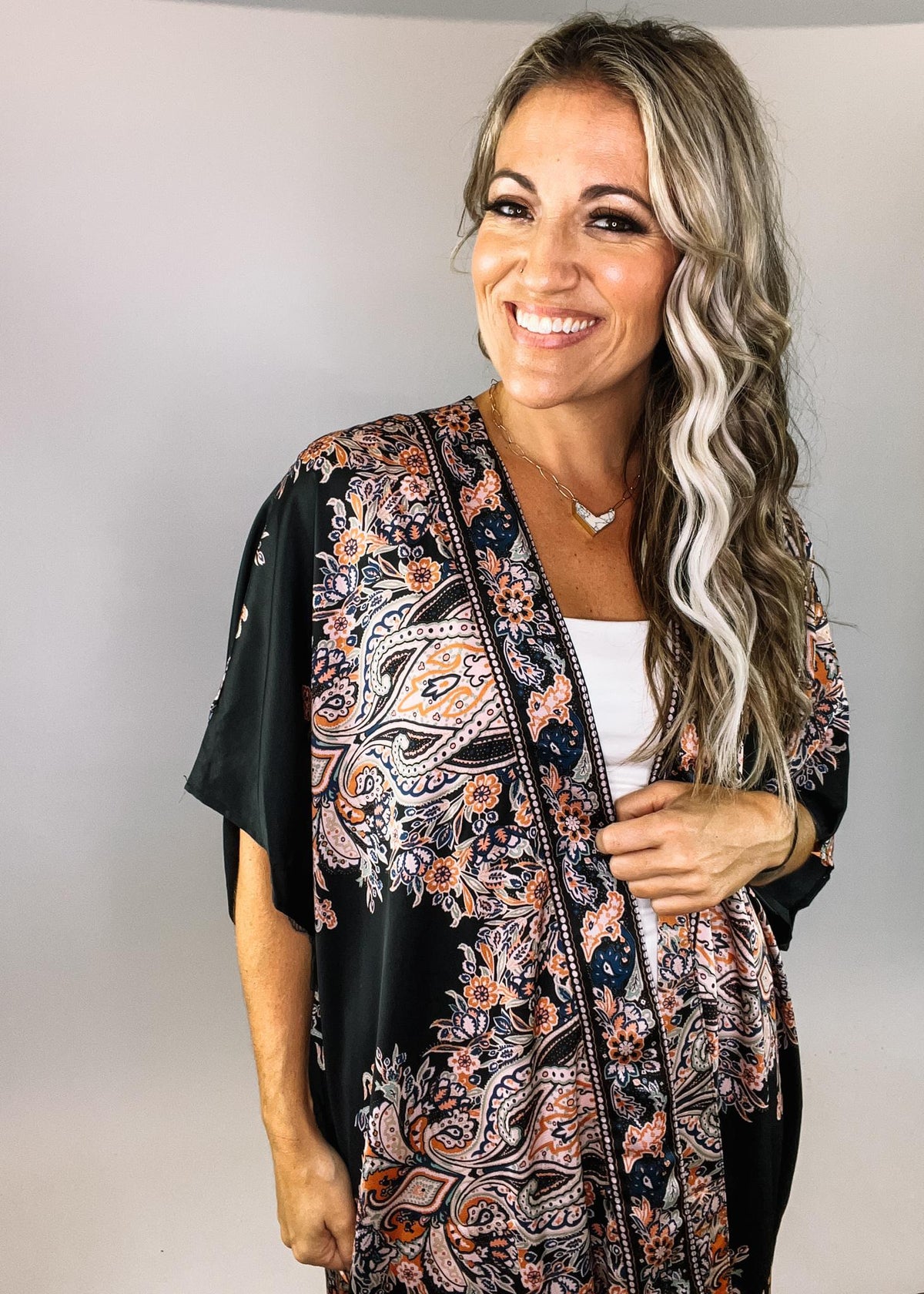 Satin Printed Trim Kimono