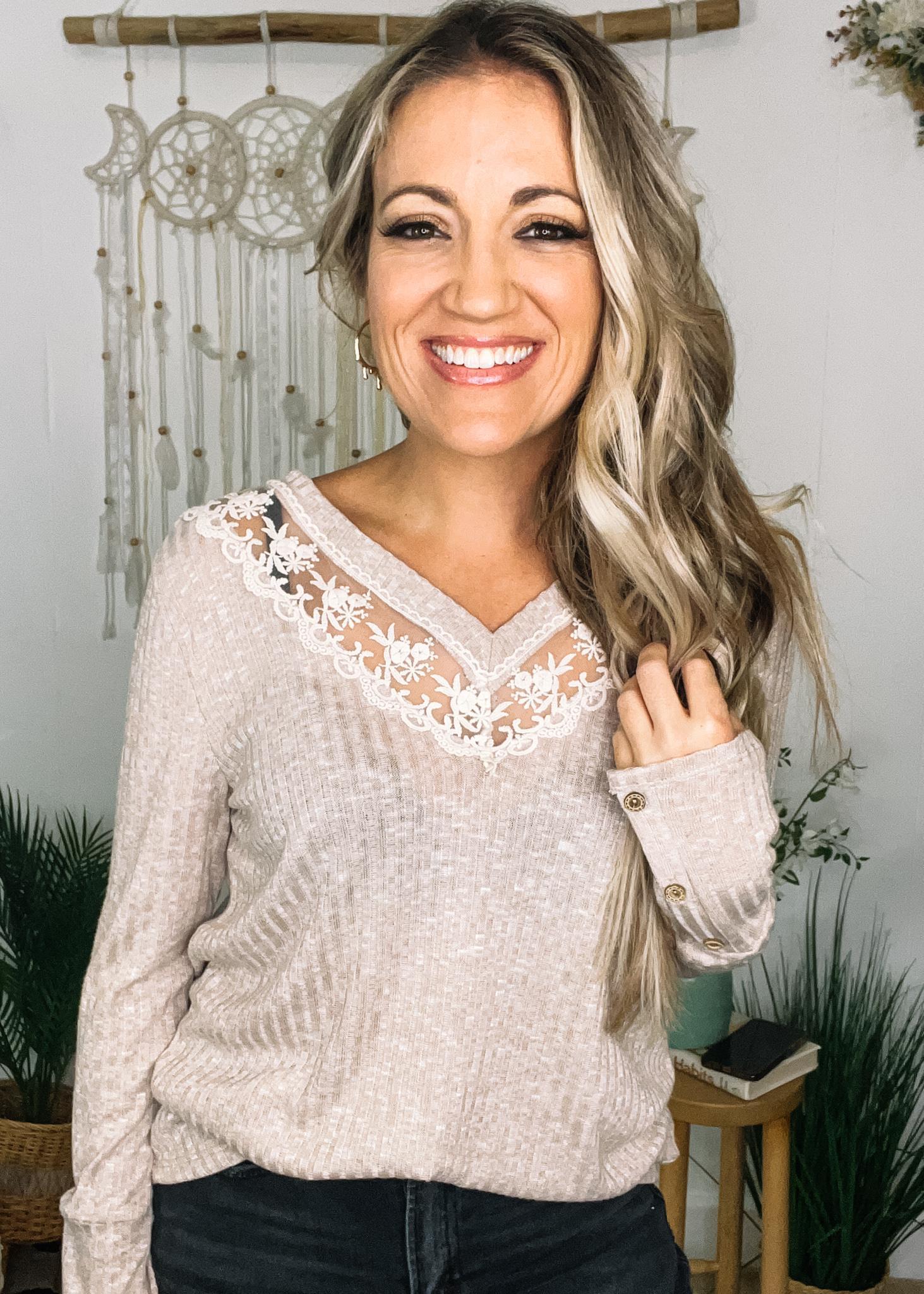 Two Tone Rib Knit Top with Sheer Crochet Lace Detail