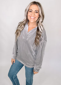 Grey Ribbed Velour Pullover