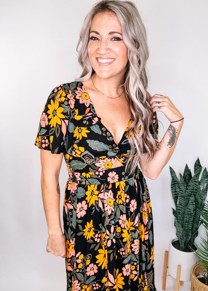 Black Flutter Sleeve Maxi with Pink and Orange Floral