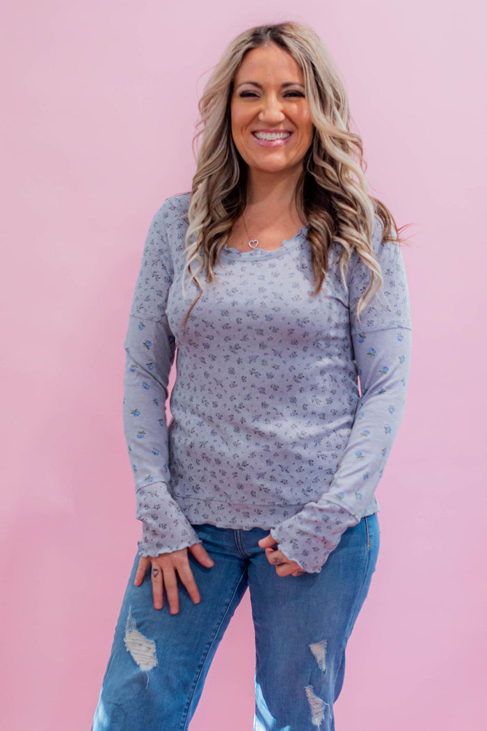 Grey Ditsy Floral Long Sleeve Top
