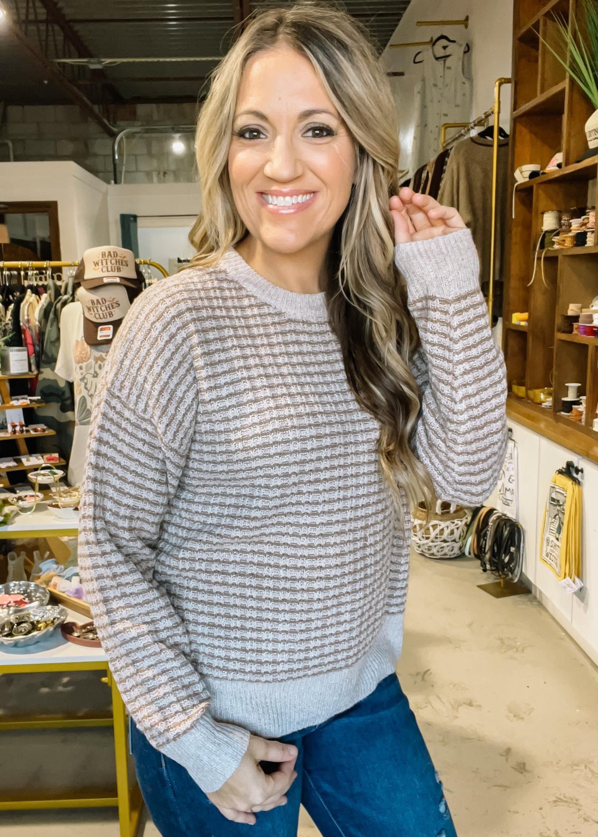 Ivory and Taupe Waffle Knit Sweater
