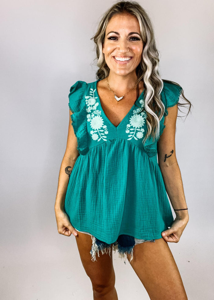 Green Embroidered Babydoll Top