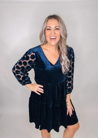 Navy Velvet Dress with Crochet Sleeves