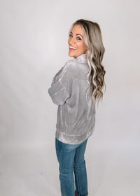 Grey Ribbed Velour Pullover