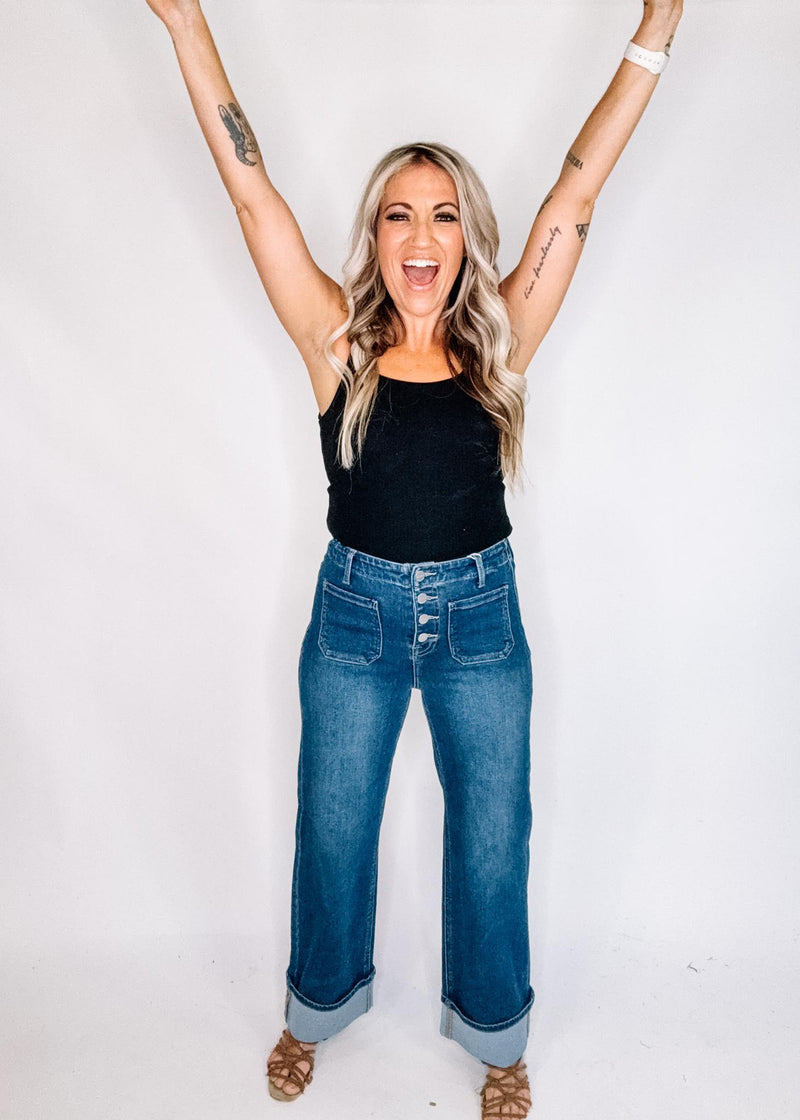 Risen High Rise Button Down Front Patch Pocket Cuffed Jeans