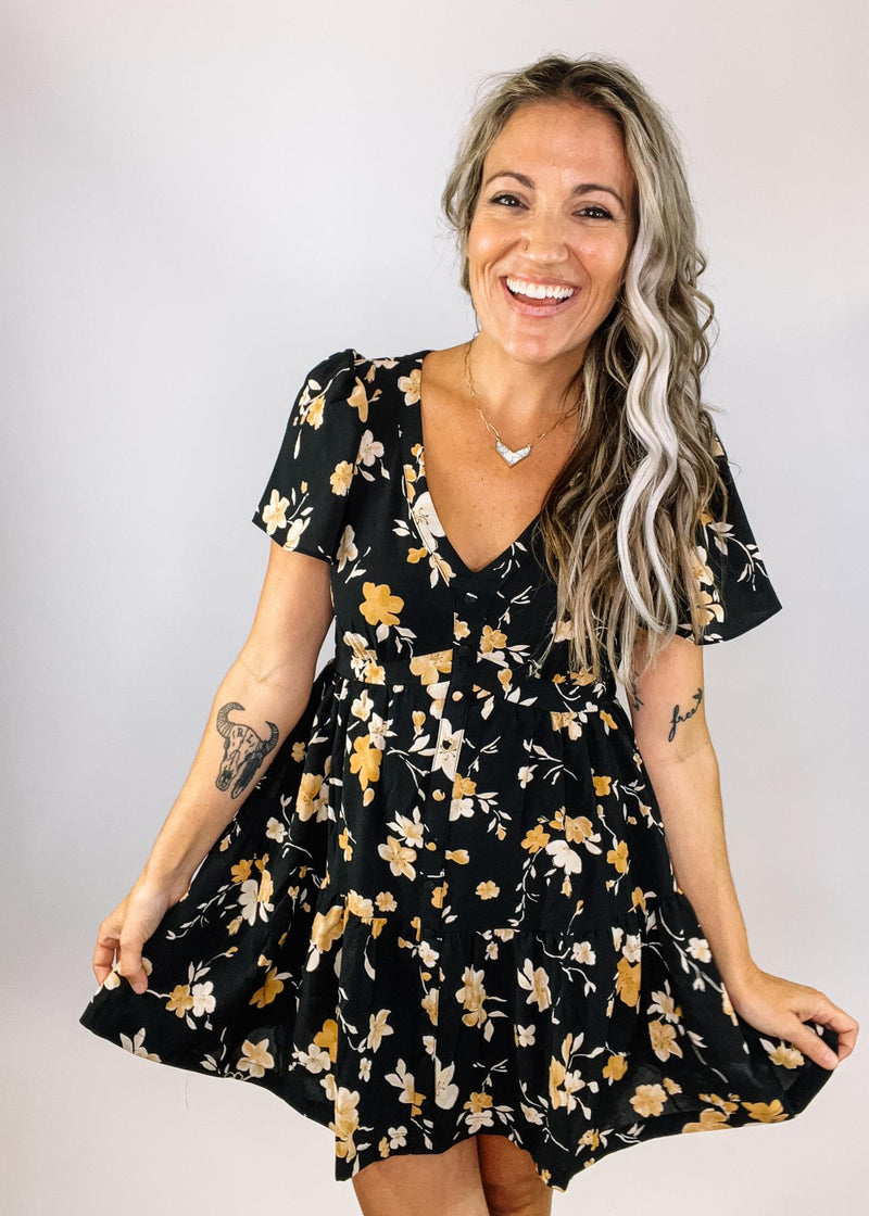 Flirty Black and Amber Floral Dress