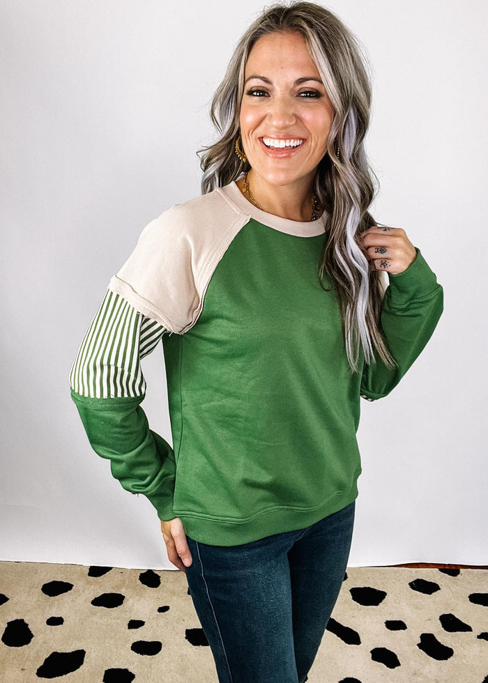 Green Crew Neck Color Block Sleeve Top