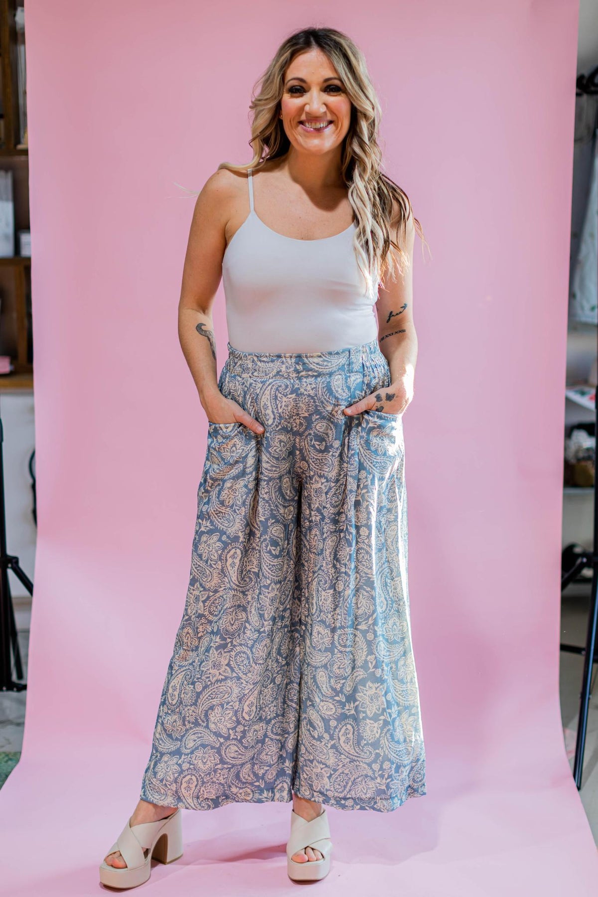 Light Blue Damask Wide Leg Pants