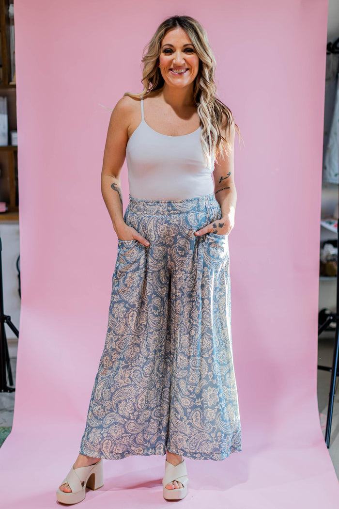 Light Blue Damask Wide Leg Pants