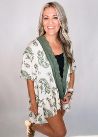 Green Lace Trim Printed Kimono