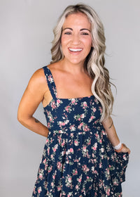 Navy Floral Sleeveless Tiered Mini Dress