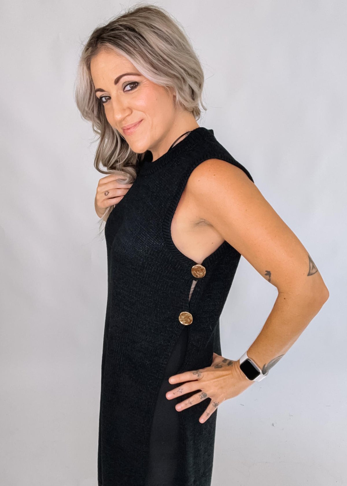 Side Button Sleeveless Open Longline Sweater