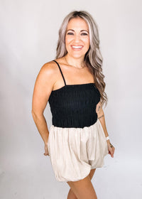 Bubble Hem Romper with Smocking Body