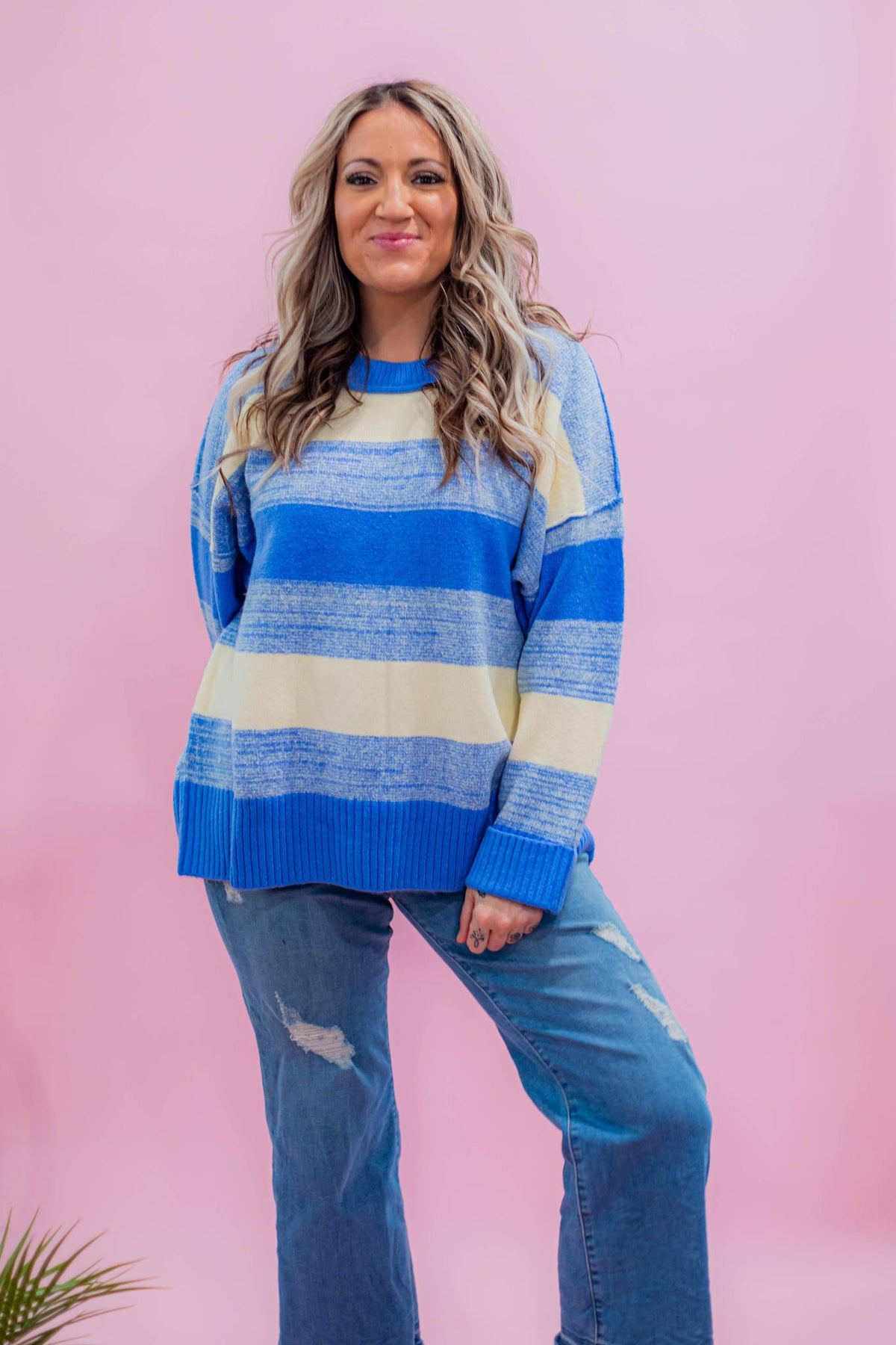 Chunky Knit Blue and Ivory Stripe Sweater